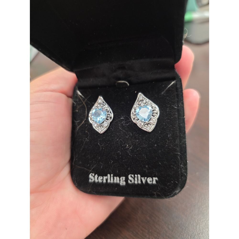 Sterling Silver Blue Topaz Heart Filigree Marquise Stud Earrings Vintage Style - Picture 2 of 16